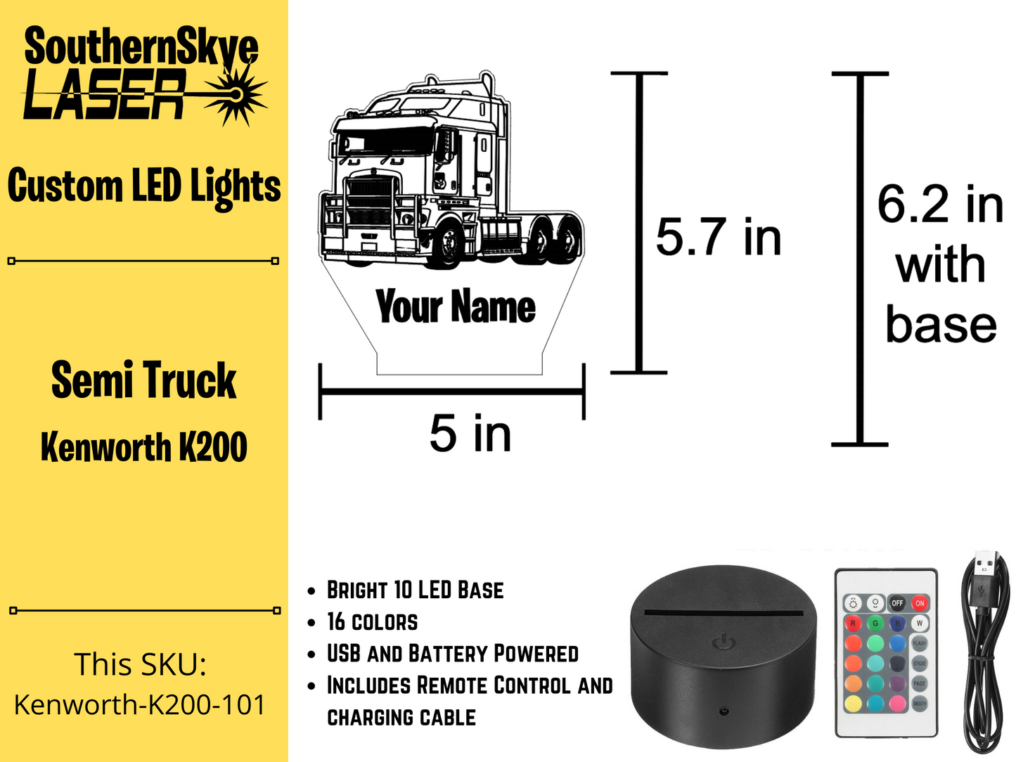 Semi Truck Kenworth K200 LED Light, Night Light, Desk Light, Personalized Gift