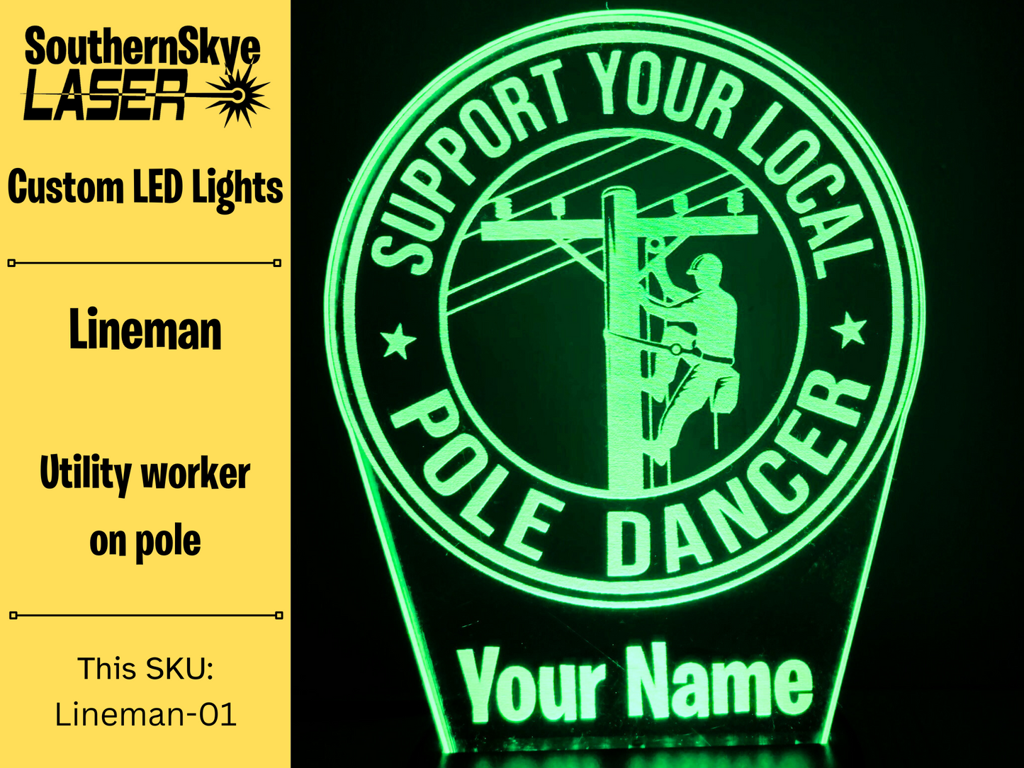 Lineman LED Light Featuring Utility Worker on Pole, Night Light, Desk Light Personalized Gift