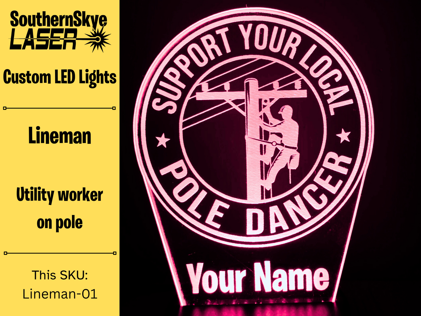Lineman LED Light Featuring Utility Worker on Pole, Night Light, Desk Light Personalized Gift