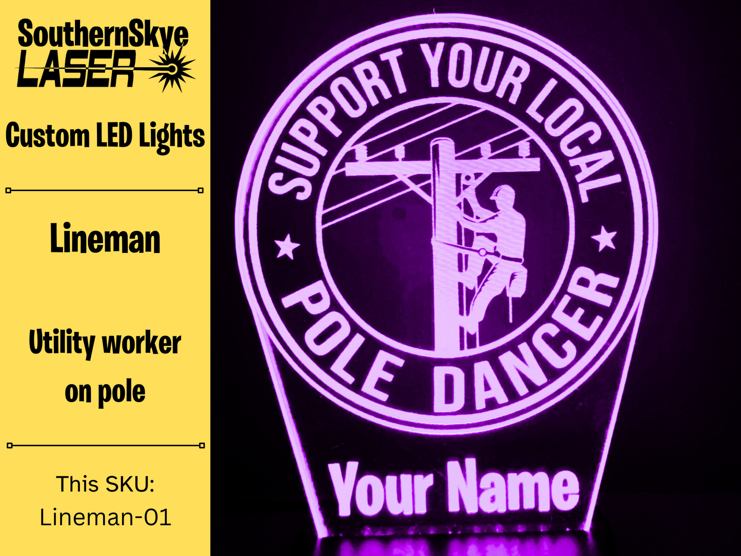 Lineman LED Light Featuring Utility Worker on Pole, Night Light, Desk Light Personalized Gift
