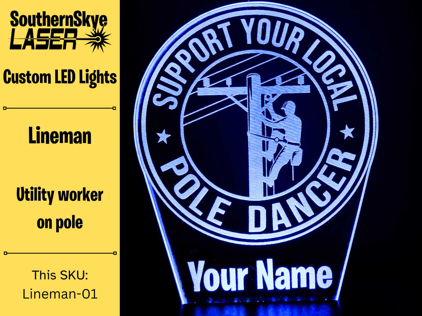 Lineman LED Light Featuring Utility Worker on Pole, Night Light, Desk Light Personalized Gift