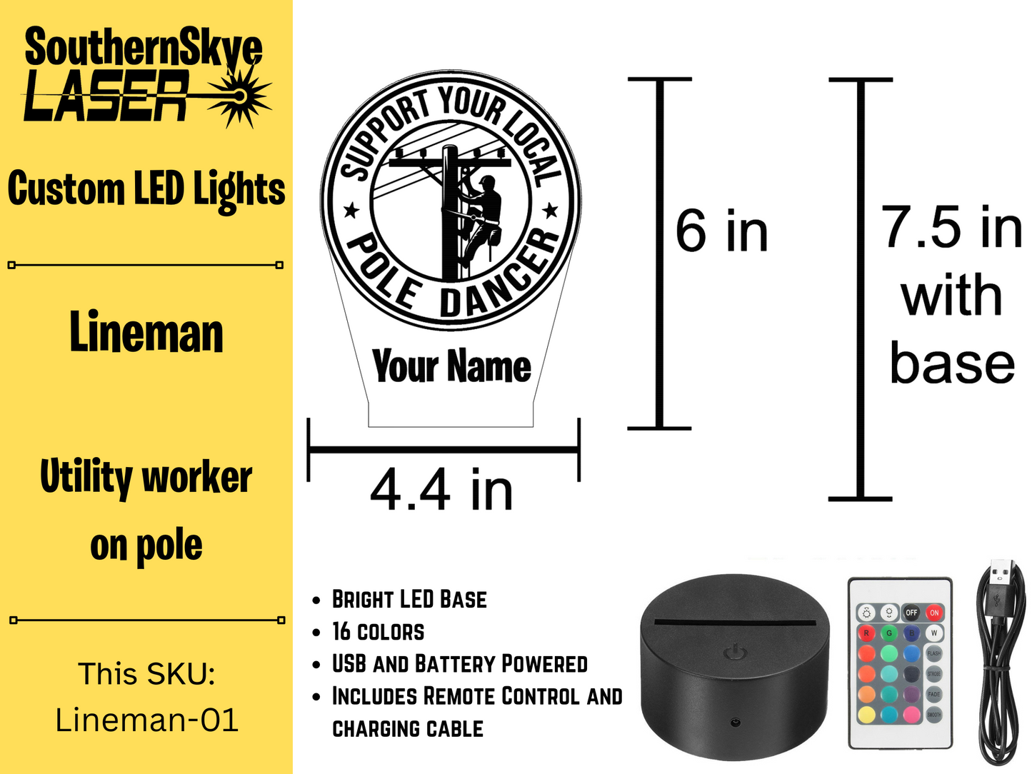 Lineman LED Light Featuring Utility Worker on Pole, Night Light, Desk Light Personalized Gift