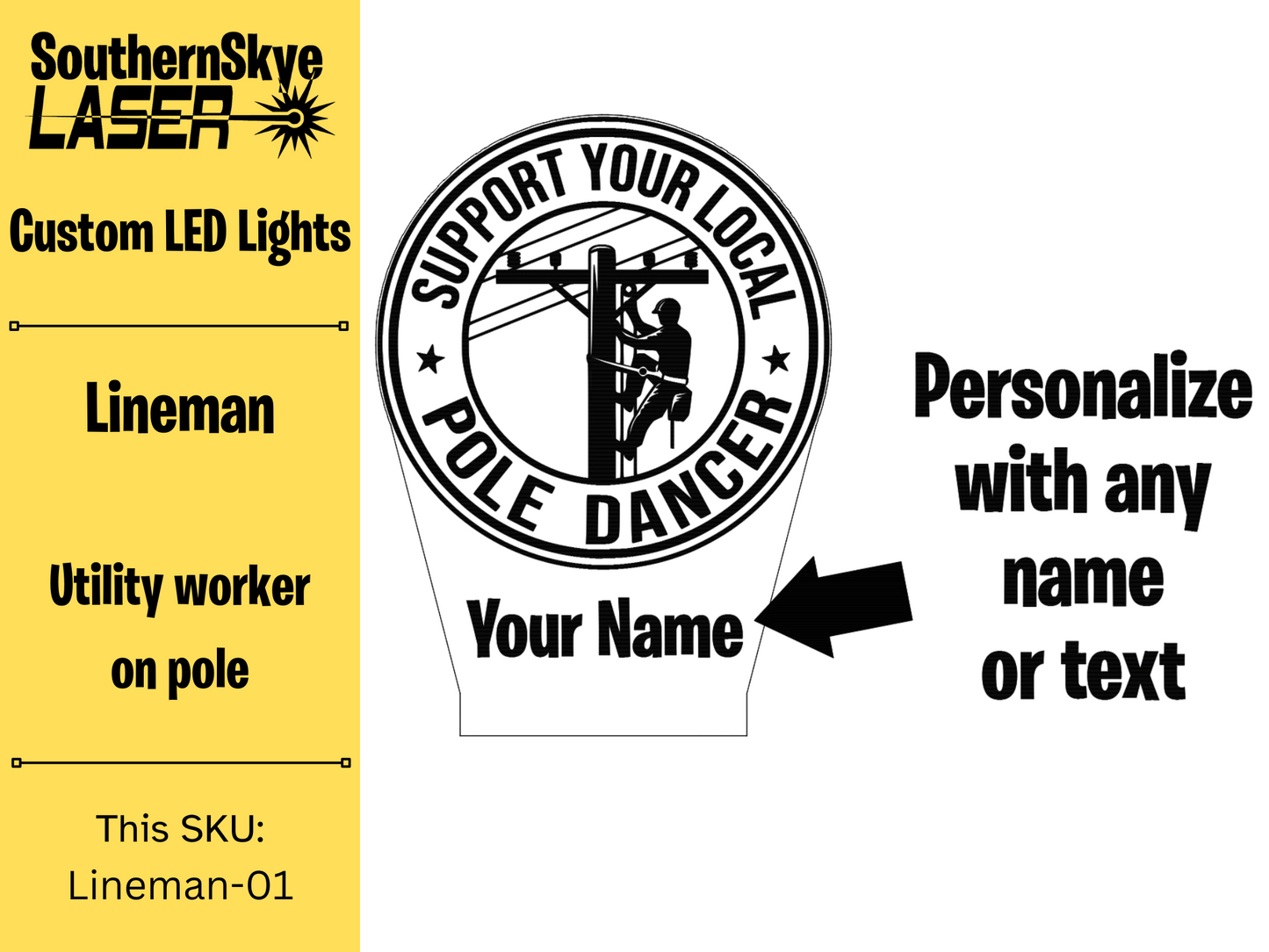 Lineman LED Light Featuring Utility Worker on Pole, Night Light, Desk Light Personalized Gift