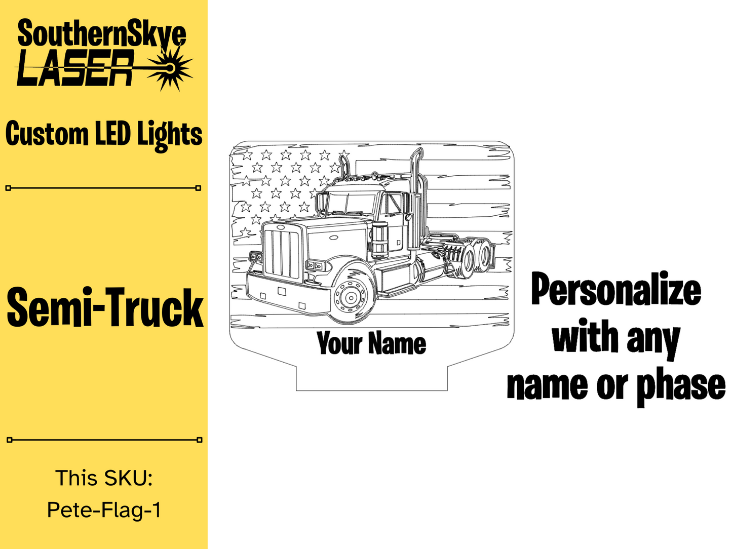 Peterbilt Semi-Truck with American Flag LED Light, Night Light, Desk Light Personalized Gift