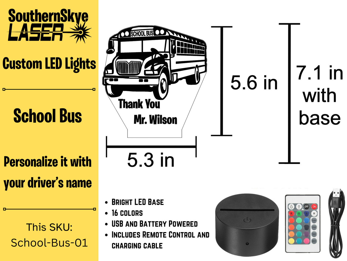 School Bus LED Light featuring a bus, personalize it to thank and celebrate you child's favorite bus driver