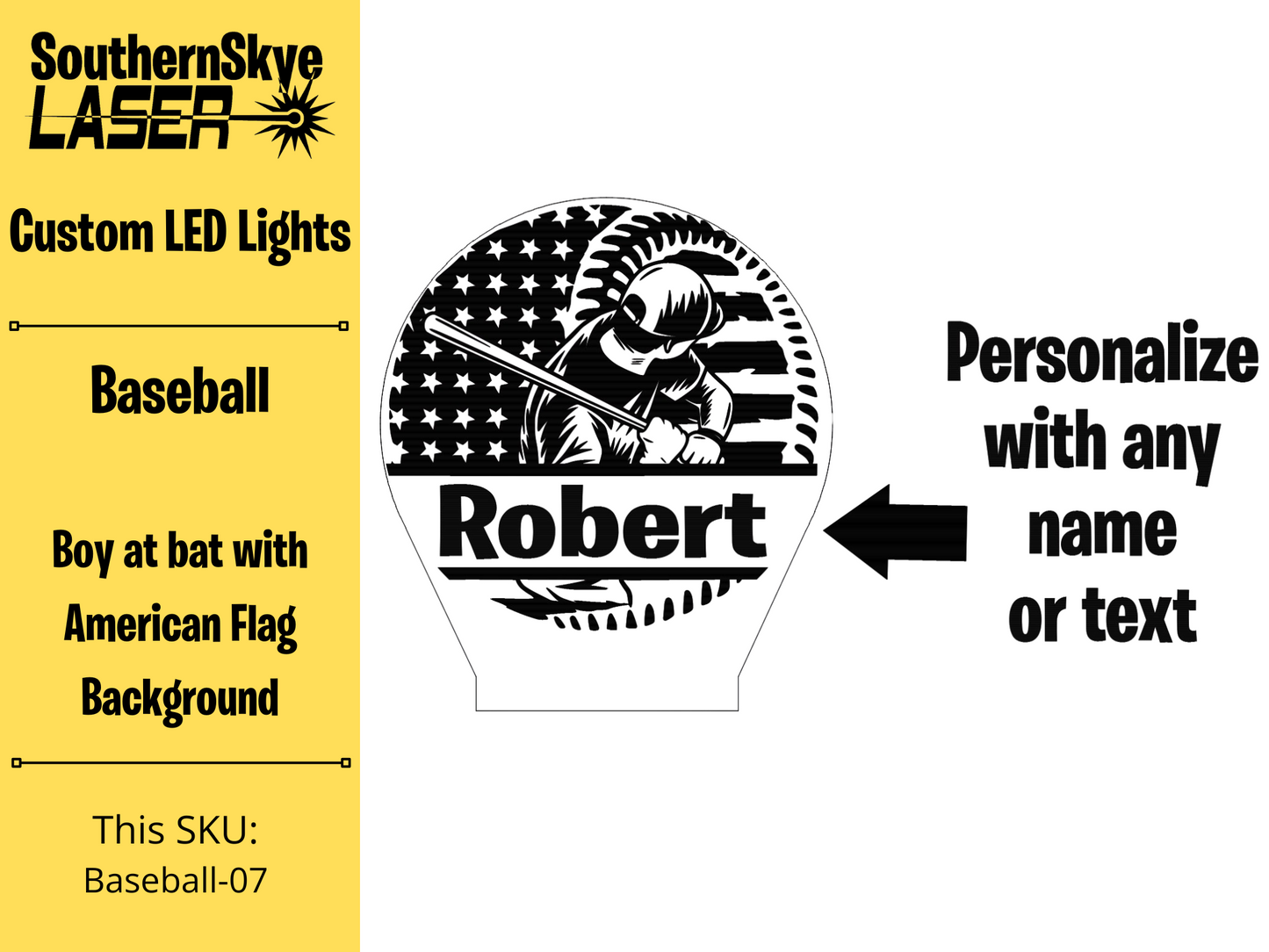Baseball LED Light with boy at bat American Flag Background, Night Light, Desk Light Personalized Gift, Trophy, Award