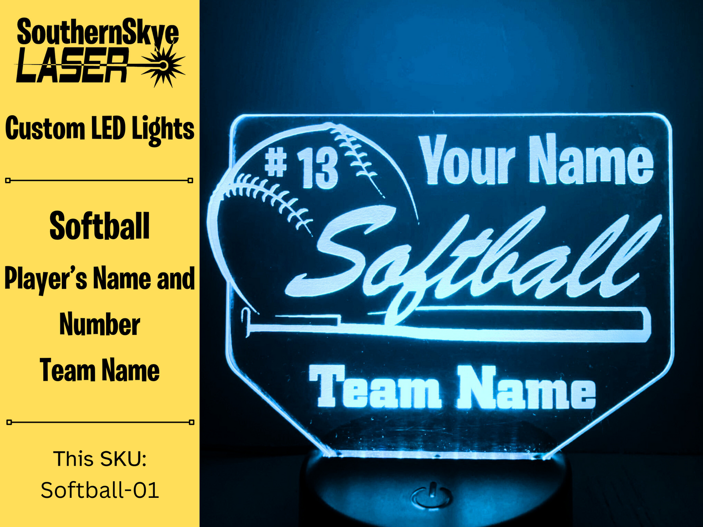 Softball LED Light Featuring Player's name and number and team name, Night Light, Desk Light Personalized Gift, Trophy, Award
