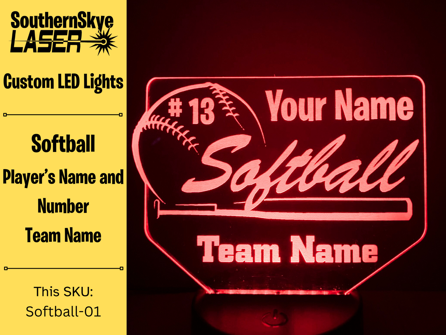 Softball LED Light Featuring Player's name and number and team name, Night Light, Desk Light Personalized Gift, Trophy, Award