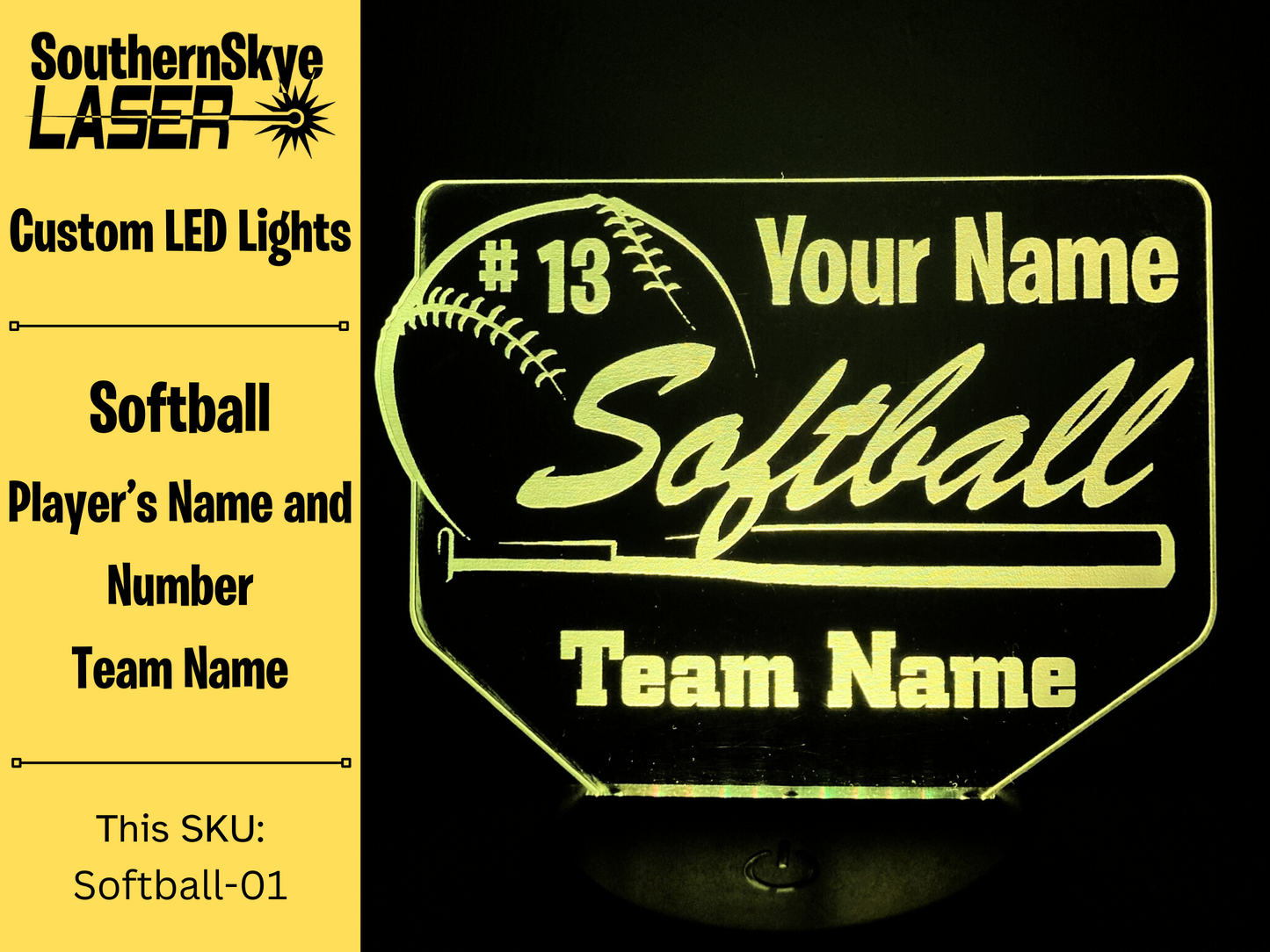 Softball LED Light Featuring Player's name and number and team name, Night Light, Desk Light Personalized Gift, Trophy, Award