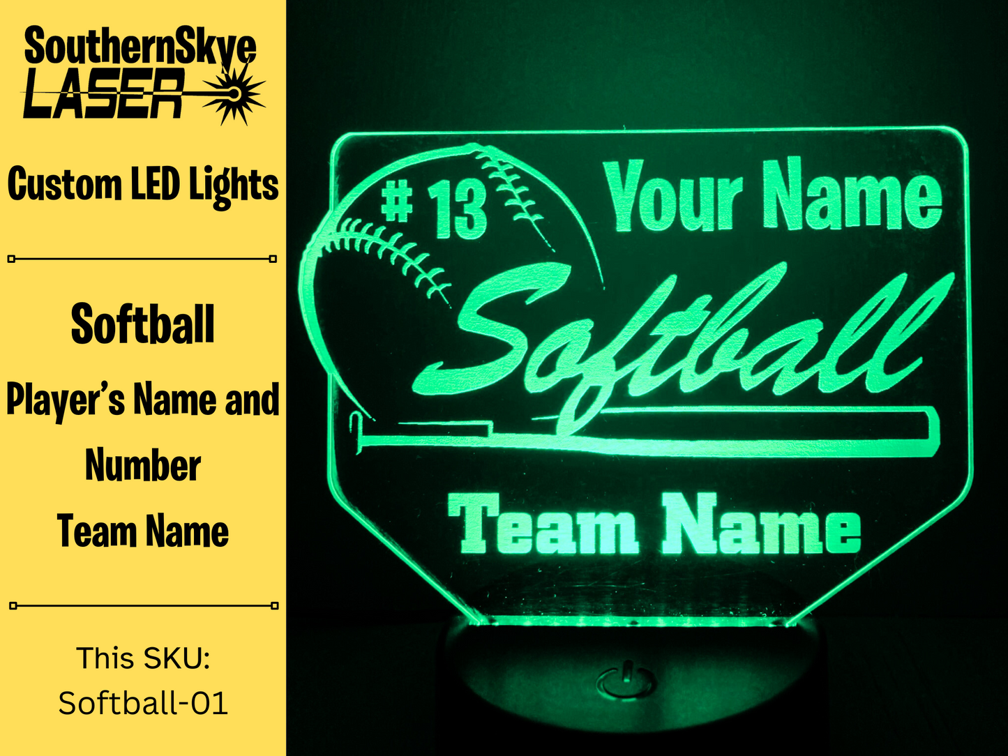Softball LED Light Featuring Player's name and number and team name, Night Light, Desk Light Personalized Gift, Trophy, Award