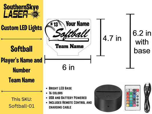 Softball LED Light Featuring Player's name and number and team name, Night Light, Desk Light Personalized Gift, Trophy, Award