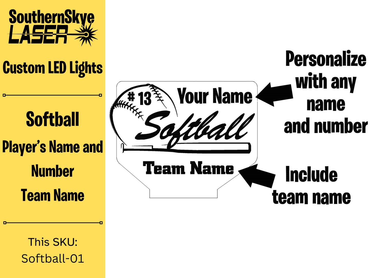 Softball LED Light Featuring Player's name and number and team name, Night Light, Desk Light Personalized Gift, Trophy, Award