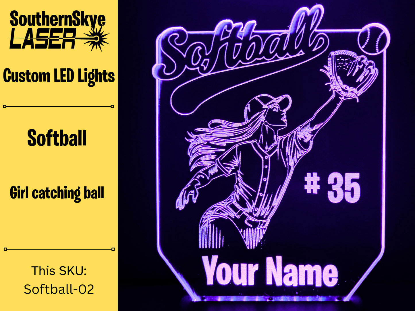 Softball LED Light Player catching ball featuring name and number, Night Light, Desk Light Personalized Gift, Trophy, Award