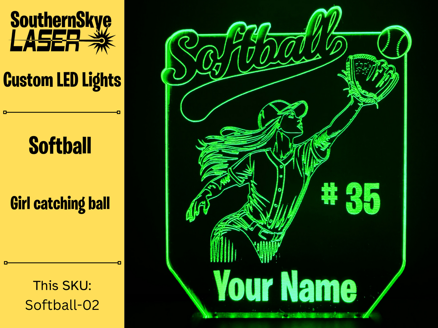 Softball LED Light Player catching ball featuring name and number, Night Light, Desk Light Personalized Gift, Trophy, Award