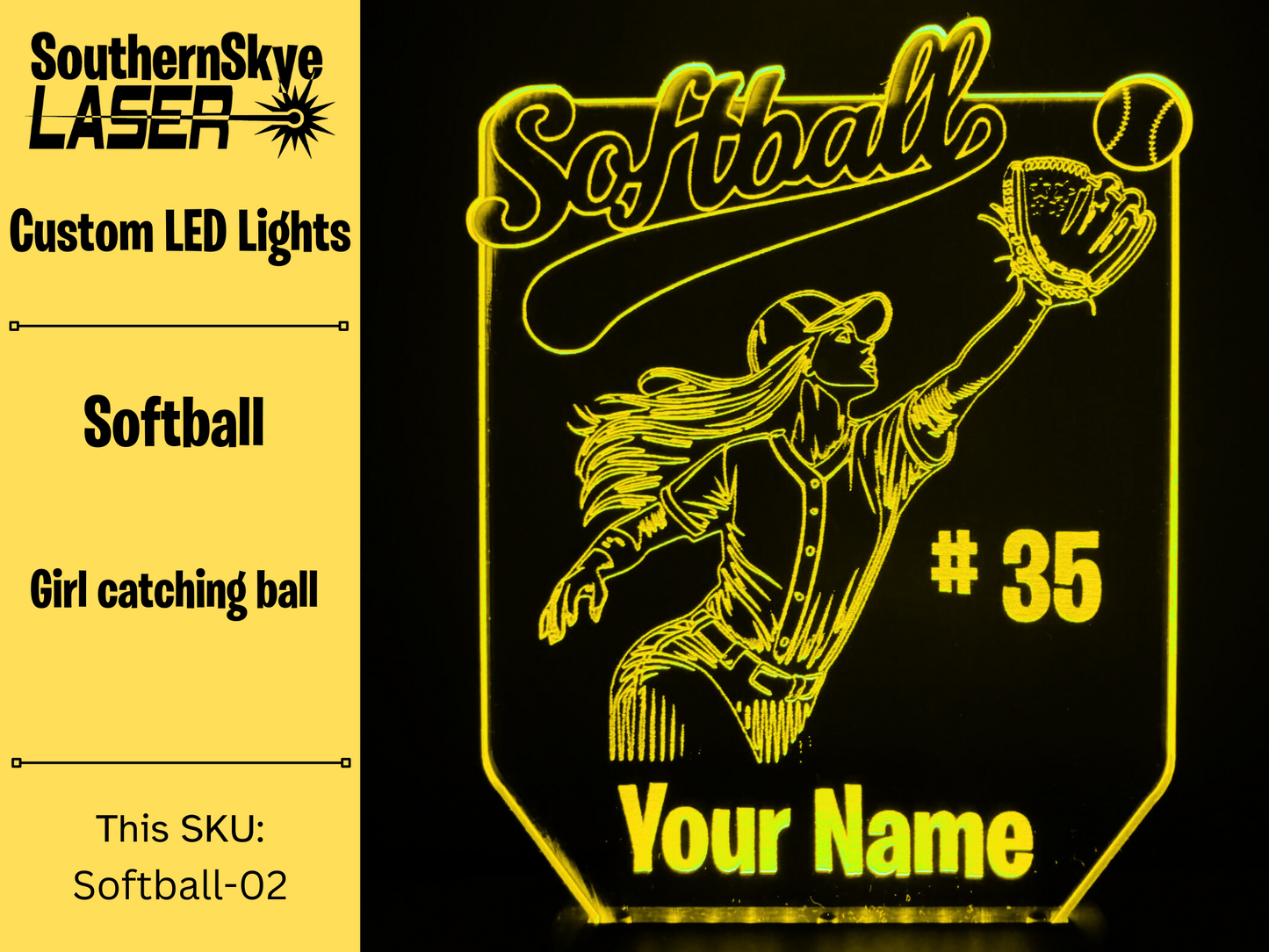 Softball LED Light Player catching ball featuring name and number, Night Light, Desk Light Personalized Gift, Trophy, Award