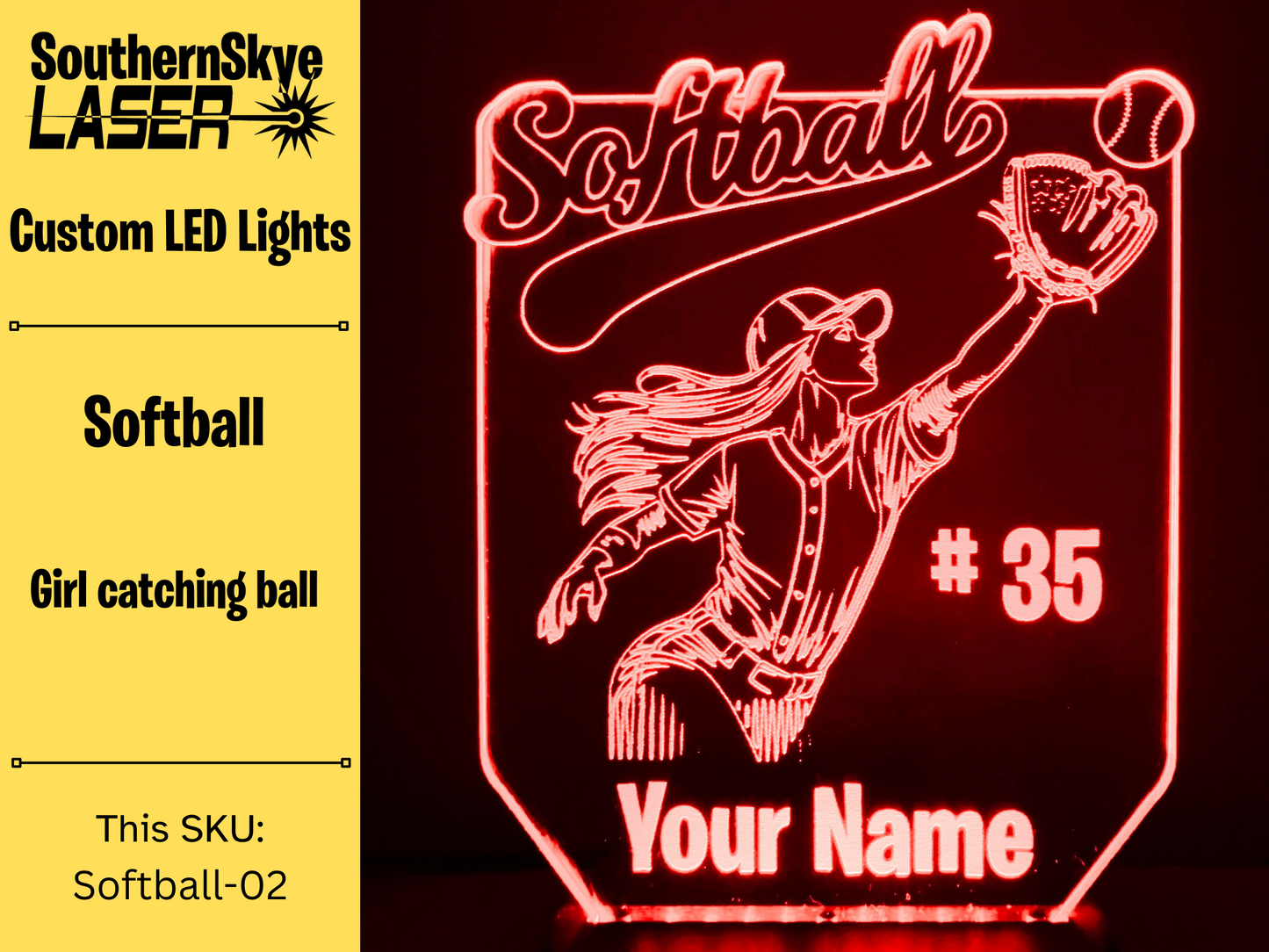 Softball LED Light Player catching ball featuring name and number, Night Light, Desk Light Personalized Gift, Trophy, Award