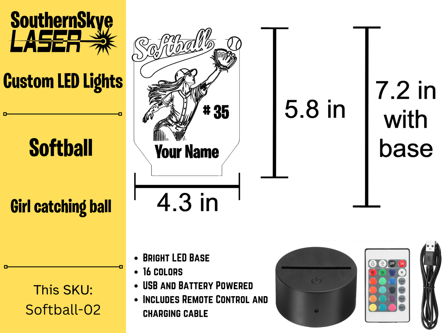 Softball LED Light Player catching ball featuring name and number, Night Light, Desk Light Personalized Gift, Trophy, Award