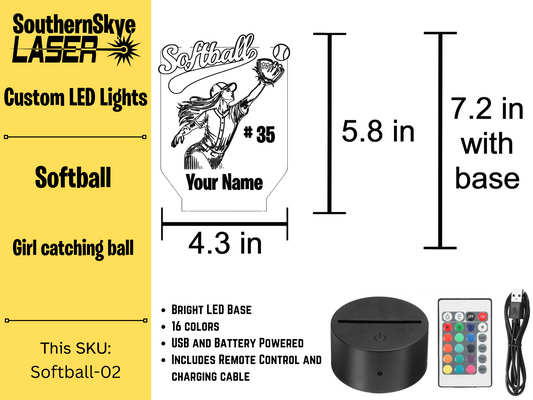 Softball LED Light Player catching ball featuring name and number, Night Light, Desk Light Personalized Gift, Trophy, Award