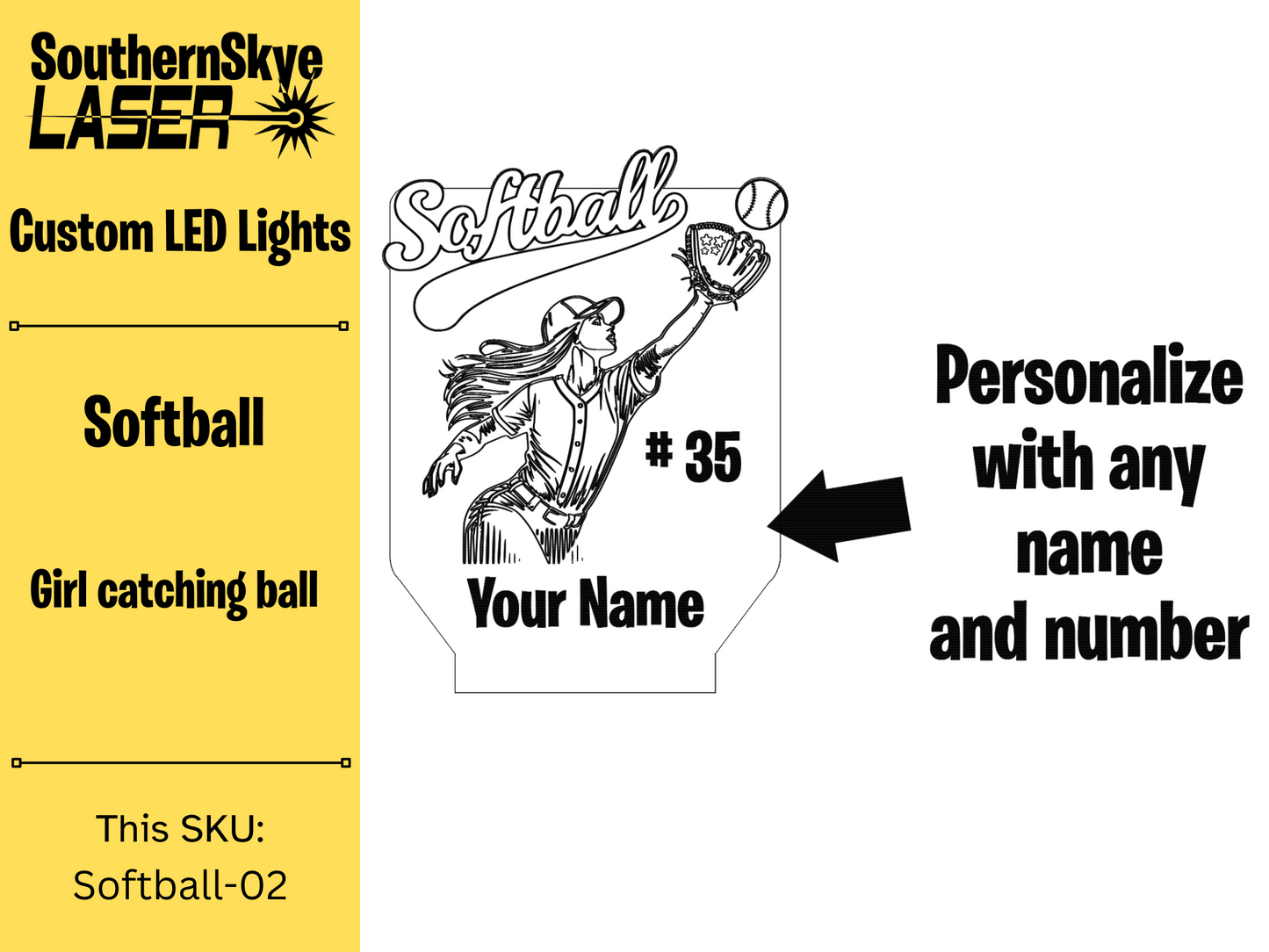 Softball LED Light Player catching ball featuring name and number, Night Light, Desk Light Personalized Gift, Trophy, Award