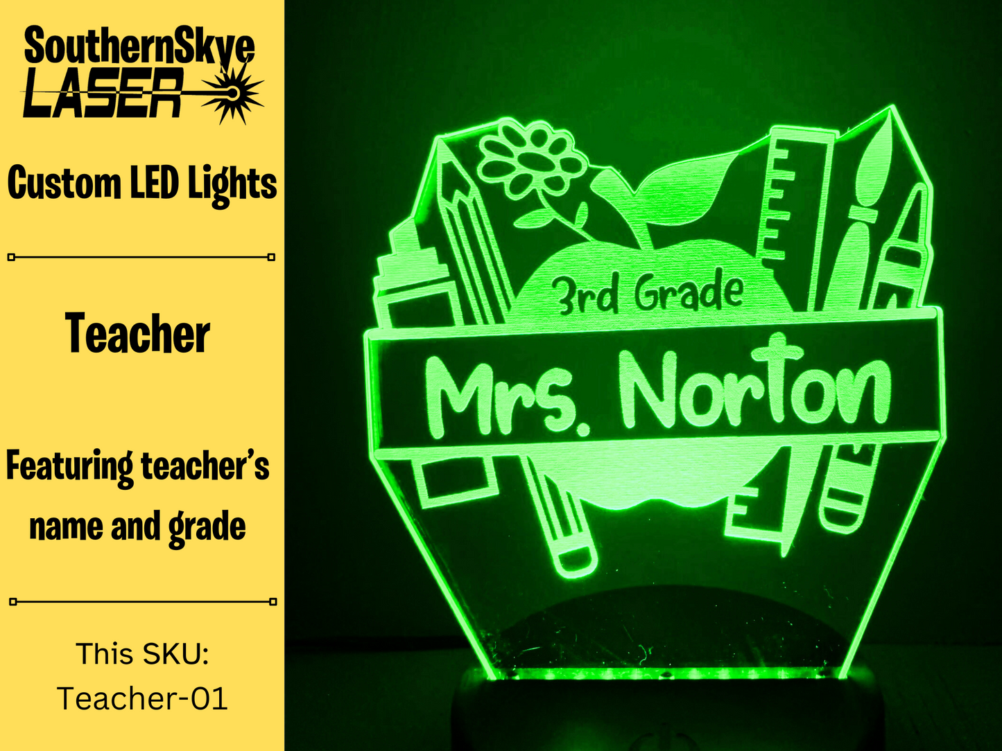 Teacher LED Light Apple featuring teacher's name and grade number, Night Light, Desk Light Personalized Gift