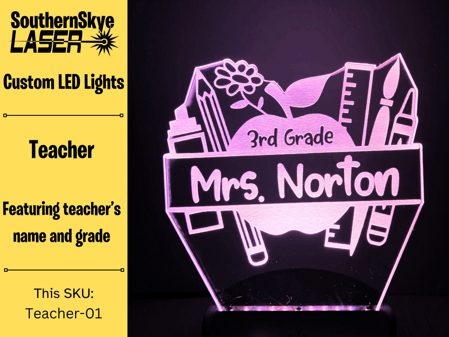 Teacher LED Light Apple featuring teacher's name and grade number, Night Light, Desk Light Personalized Gift