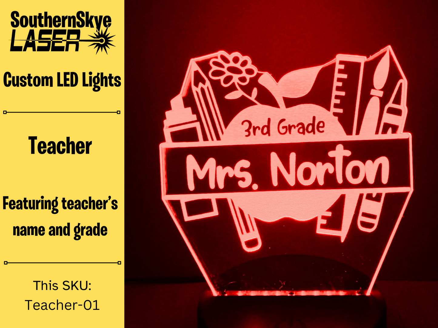 Teacher LED Light Apple featuring teacher's name and grade number, Night Light, Desk Light Personalized Gift