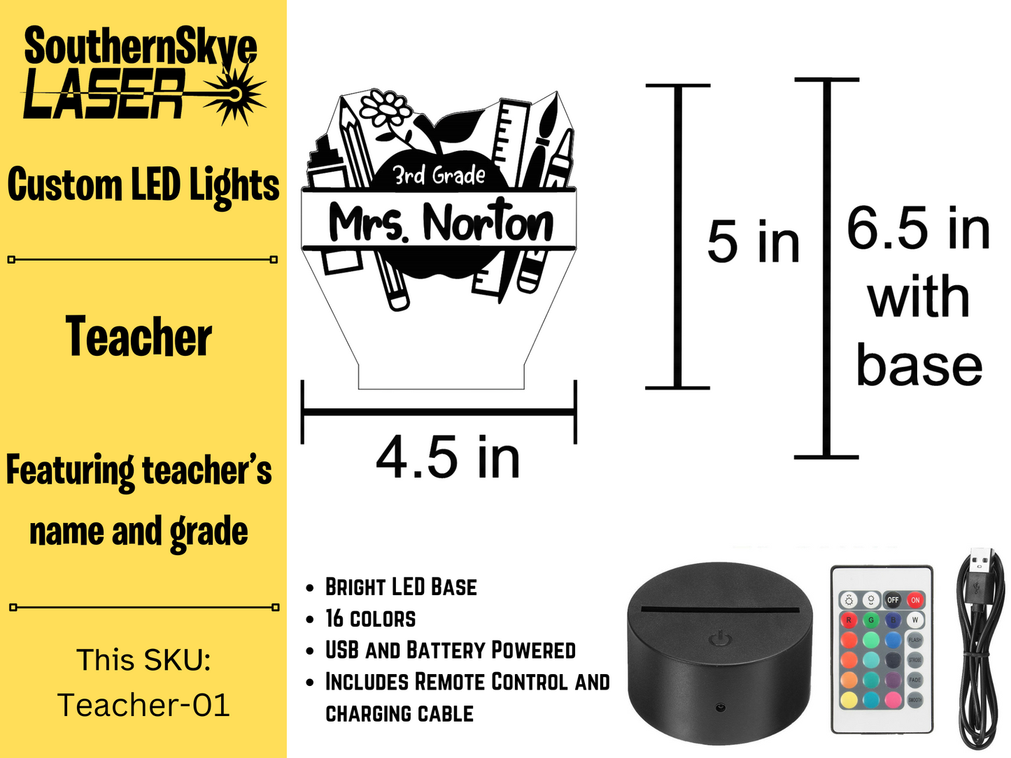 Teacher LED Light Apple featuring teacher's name and grade number, Night Light, Desk Light Personalized Gift