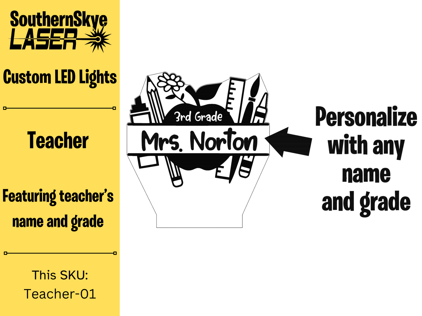Teacher LED Light Apple featuring teacher's name and grade number, Night Light, Desk Light Personalized Gift