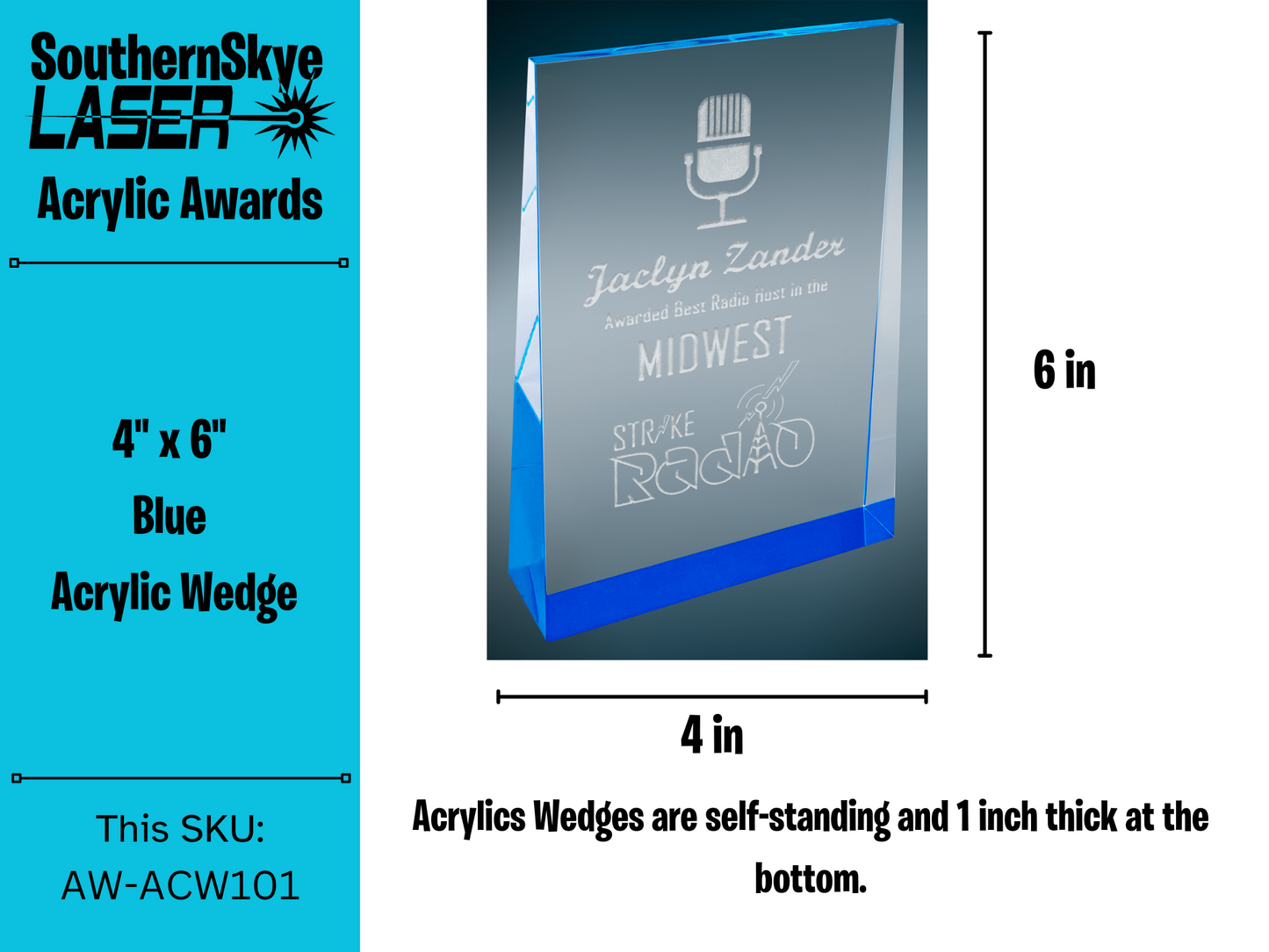 4" x 6" Blue Acrylic Wedge Trophy, Award