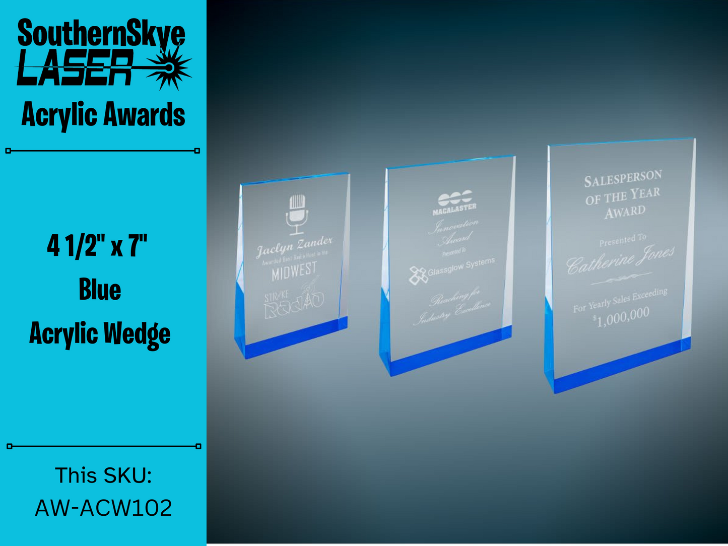 4 1/2" x 7" Blue Acrylic Wedge Trophy, Award