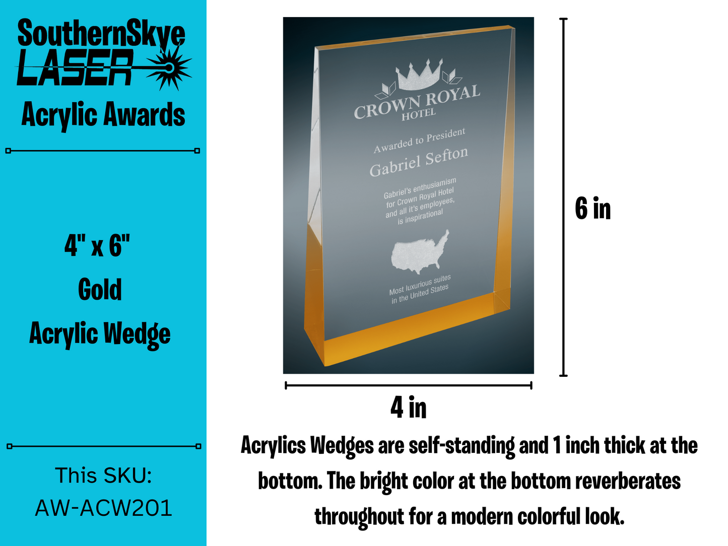 4" x 6" Gold Acrylic Wedge Trophy, Award