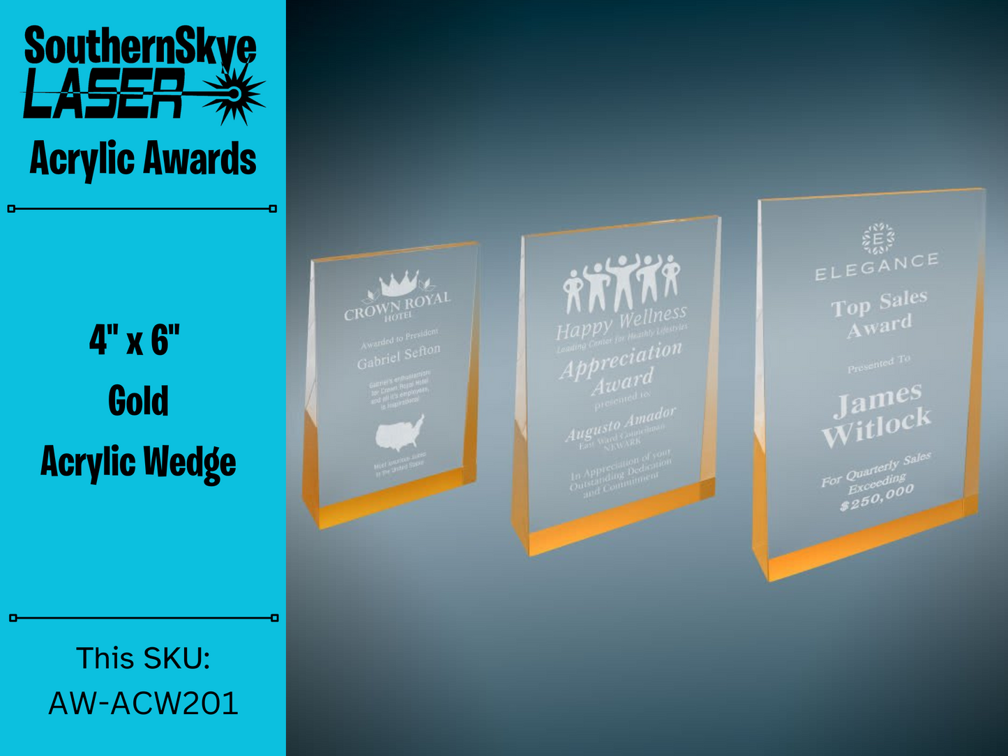 4" x 6" Gold Acrylic Wedge Trophy, Award