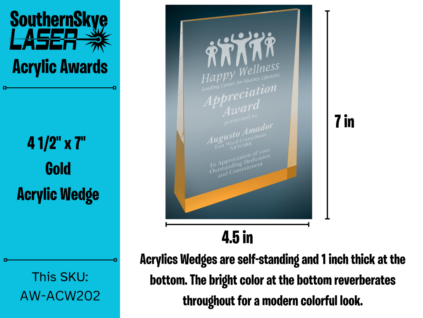 4 1/2" x 7" Gold Acrylic Wedge Trophy, Award