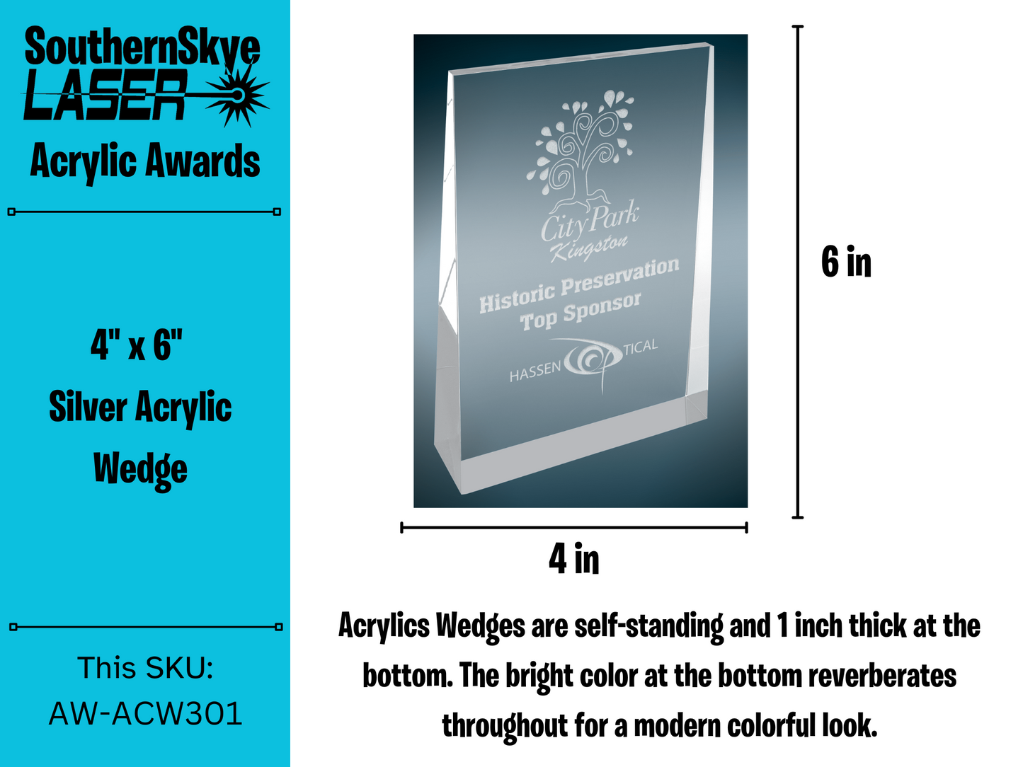4" x 6" Silver Acrylic Wedge Trophy, Award