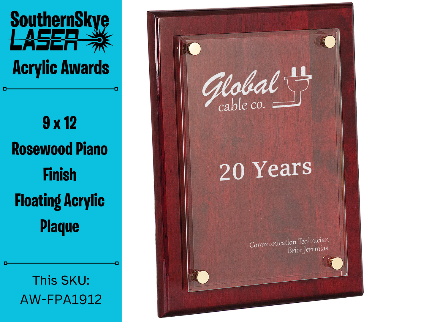 9" x 12" Rosewood Piano Finish Floating Acrylic Plaque