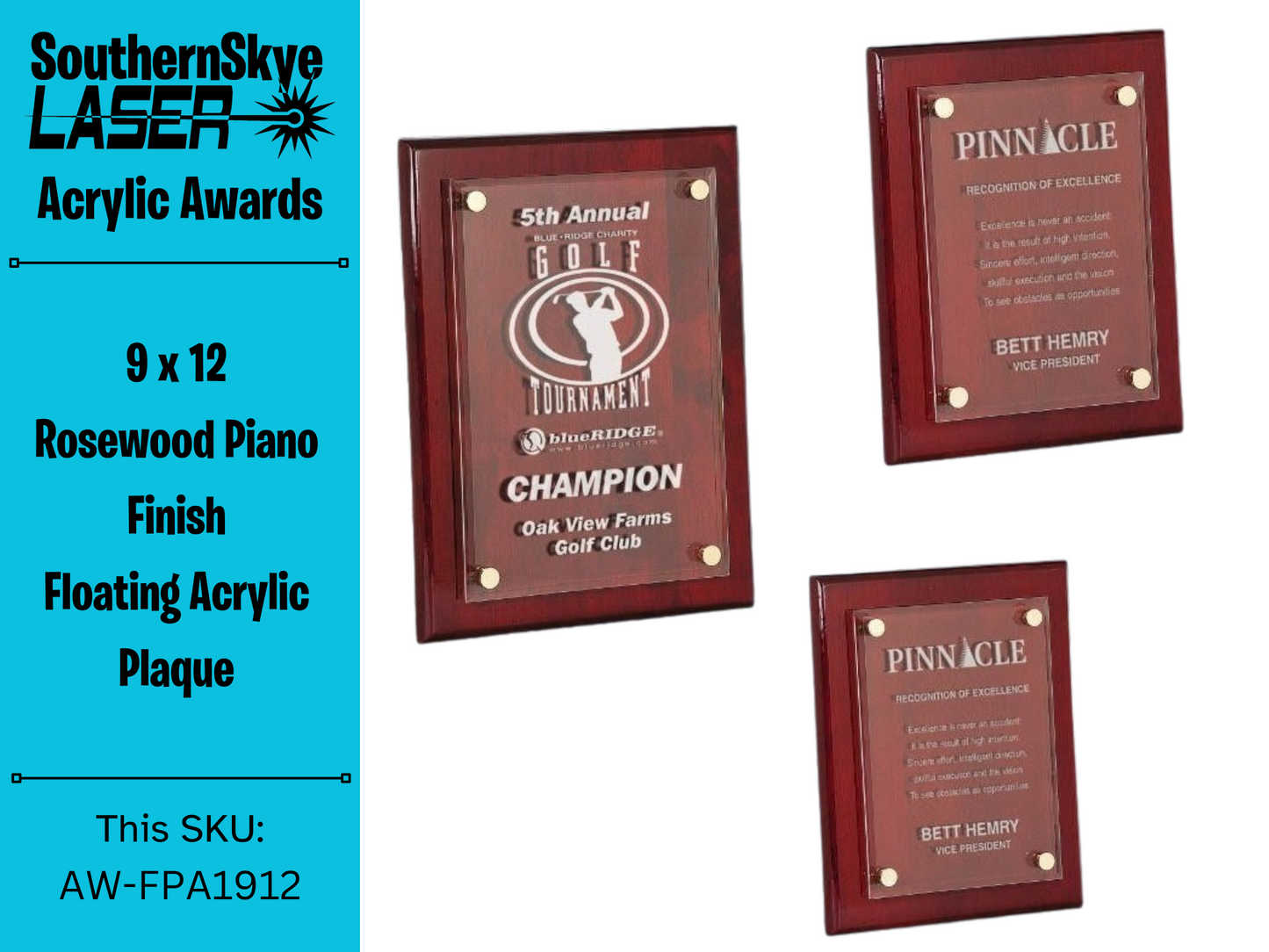 9" x 12" Rosewood Piano Finish Floating Acrylic Plaque