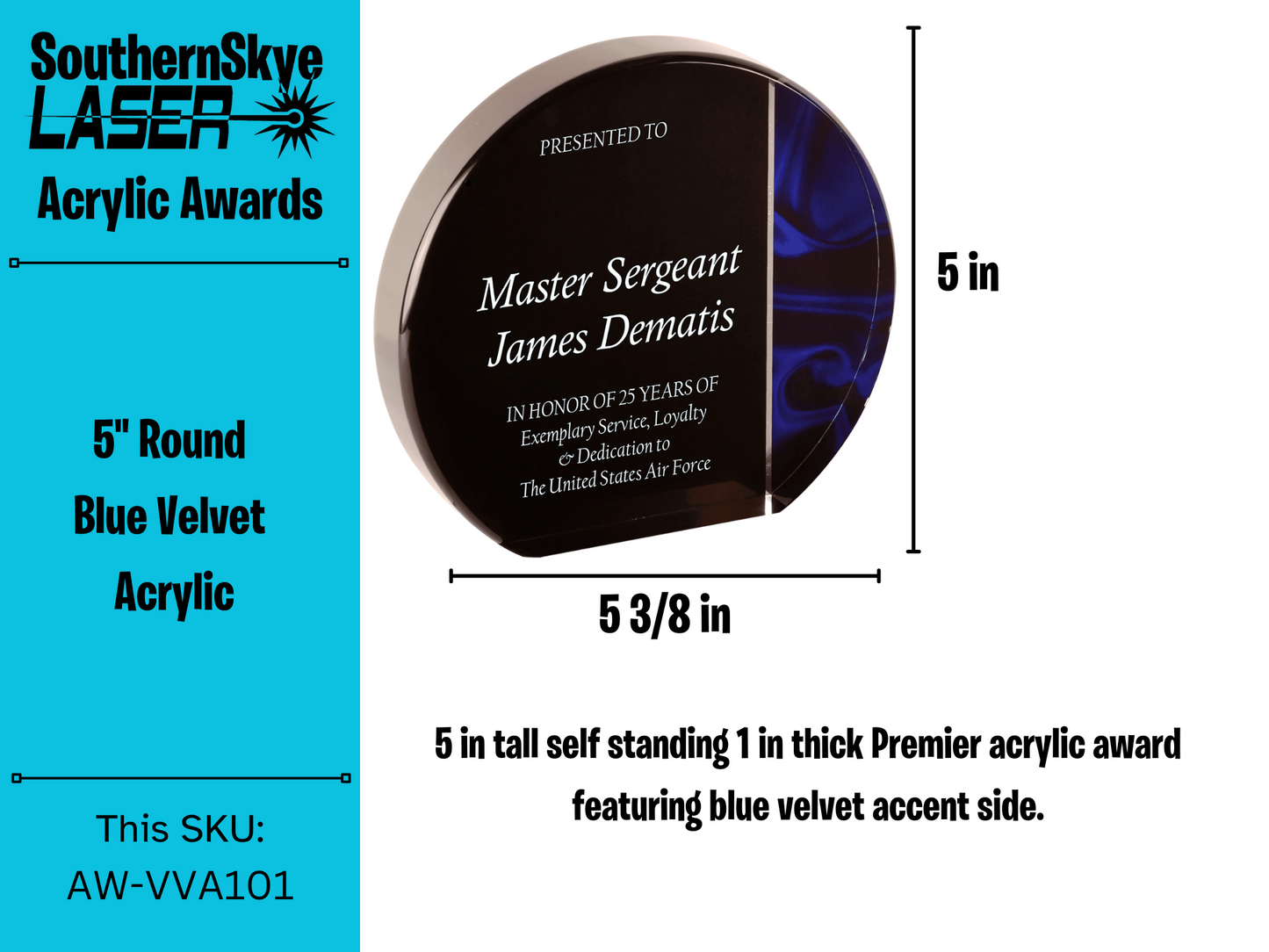 5" Round Blue Velvet Acrylic Self Standing Award