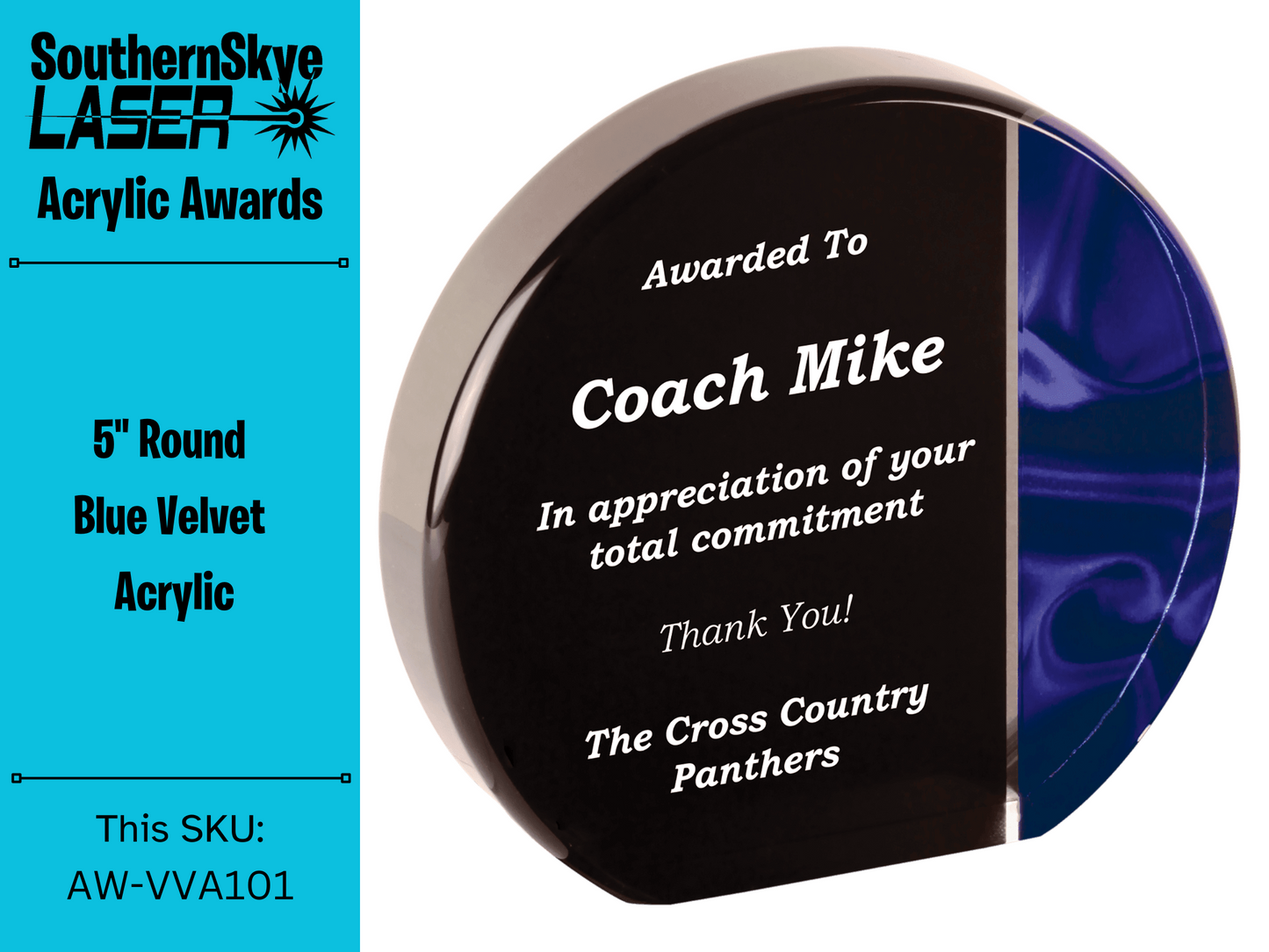 5" Round Blue Velvet Acrylic Self Standing Award