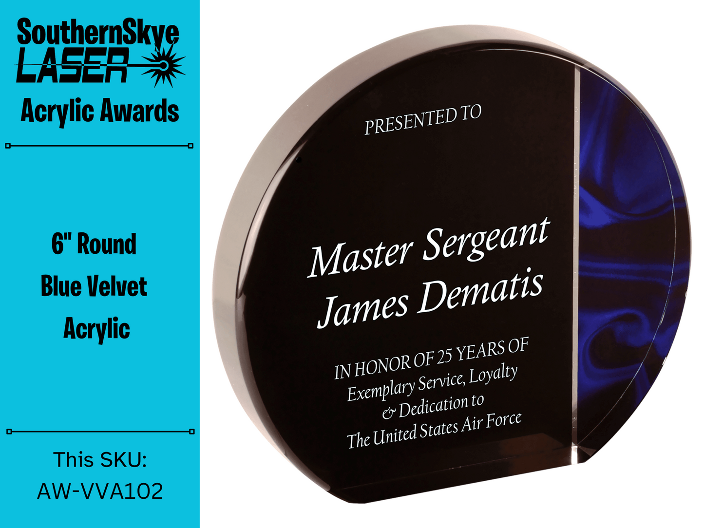 6" Round Blue Velvet Acrylic Self Standing Award