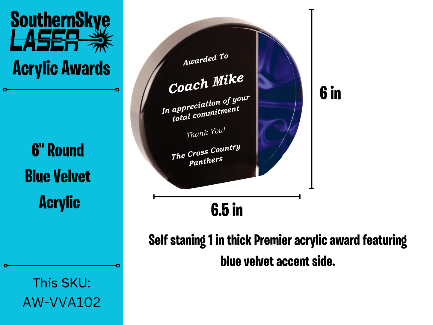 6" Round Blue Velvet Acrylic Self Standing Award