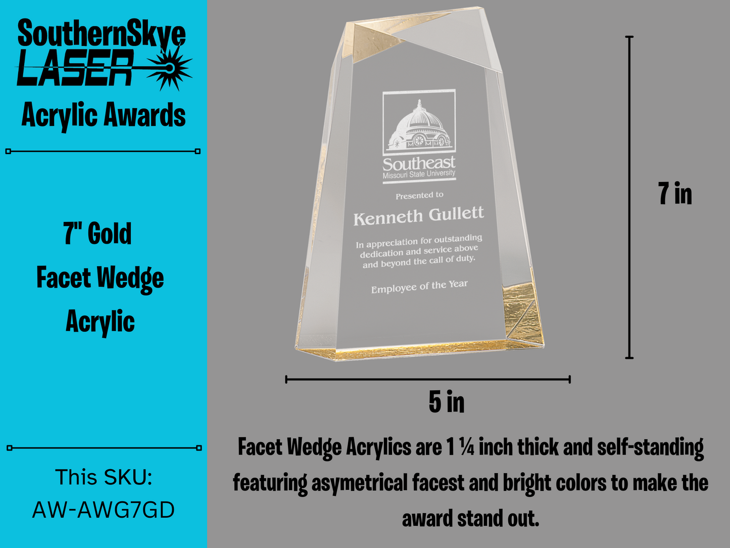 7" Gold Facet Wedge Acrylic Award, Trophy
